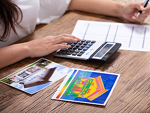 Kommunale Wärmeplanung Zwei Bilder von einem Haus, einmal normal, einmal mit Wärmesignatur