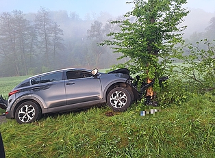 PKW, welcher frontal gegen einen Baum gefahren ist